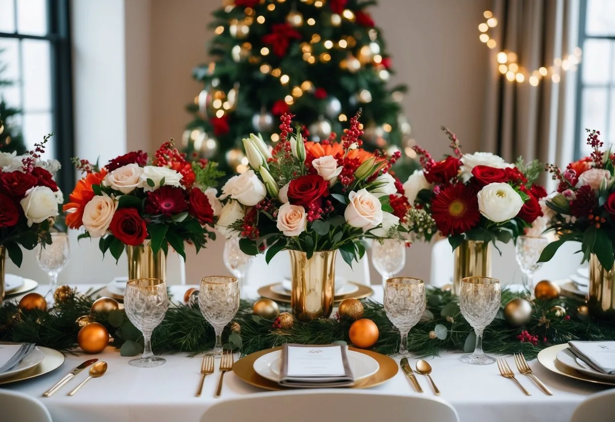 En festlig bord dekoreret med klassiske og moderne blomsterbuketter